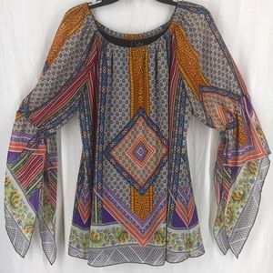 New Directions colorful blouse elastic scoop neck mixed patterns flowy sleeves M
